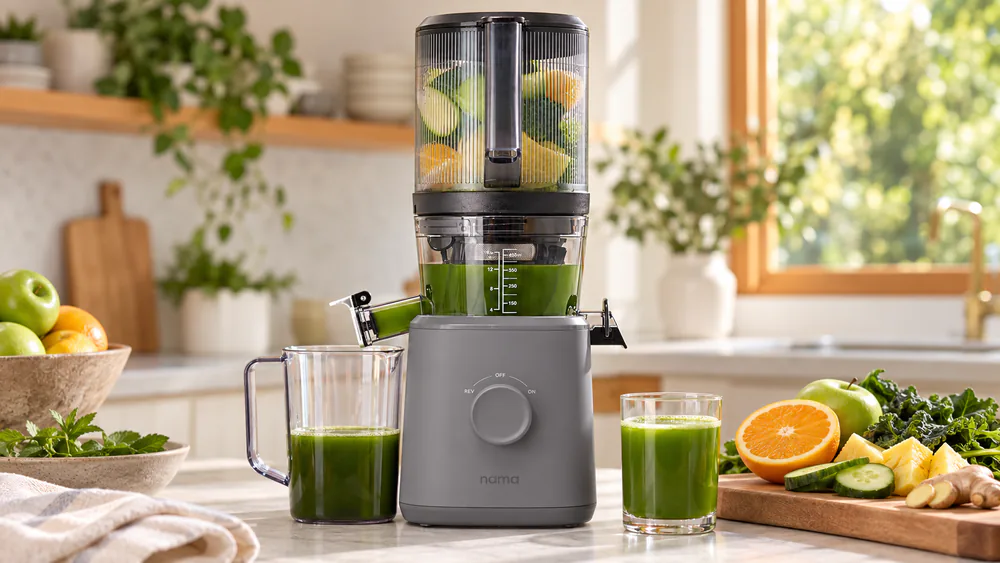 A Nama J2 cold press juicer on a kitchen counter with whole celery and cucumber pieces loaded in its top hopper, juice pouring into the glass container below.
