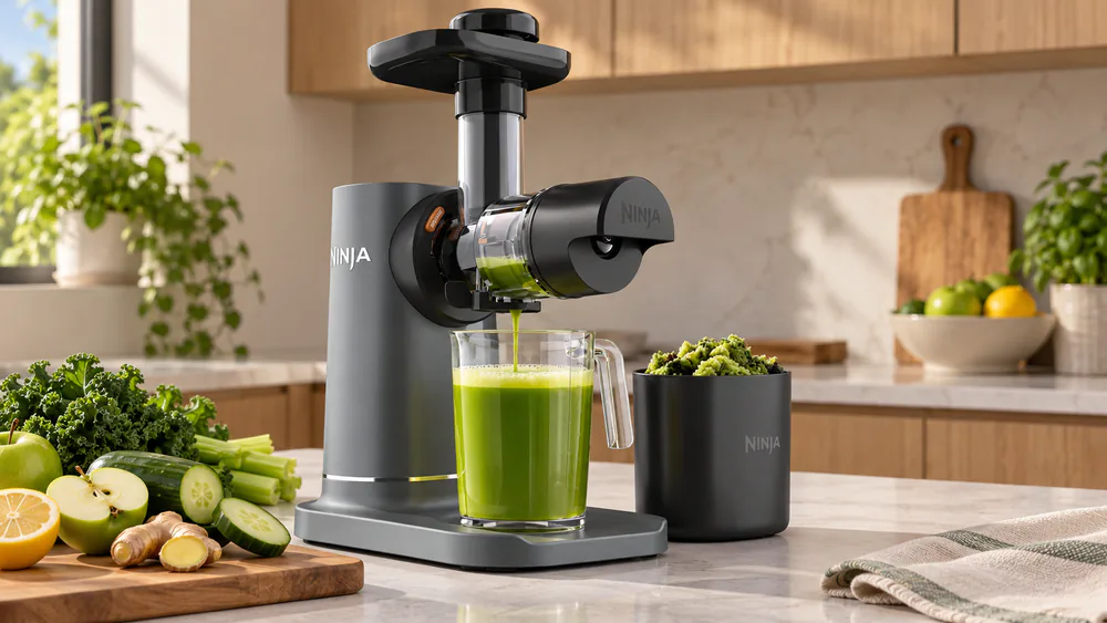 A Ninja NeverClog JC151 cold press juicer with its pulp container held upside down, dry pulp staying in place, a jug of green juice beside it.