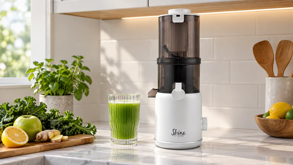 A Tribest Shine cold press juicer tucked into a narrow gap between a coffee maker and a toaster on a small kitchen counter.