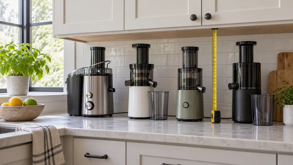 A small juicer standing on a kitchen counter beneath a standard upper cabinet, with a gap between the machine top and the cabinet bottom that is clearly too small to fit the unit.