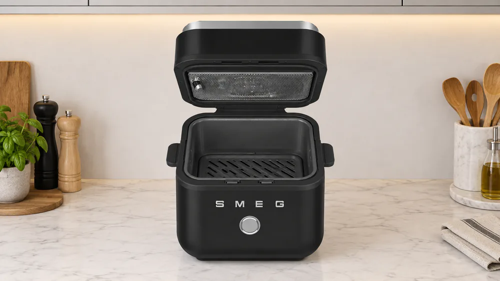 A black matte Smeg AFC01 air fryer on a kitchen counter with its lid flipped open beneath a wall cabinet, showing the overhead clearance needed