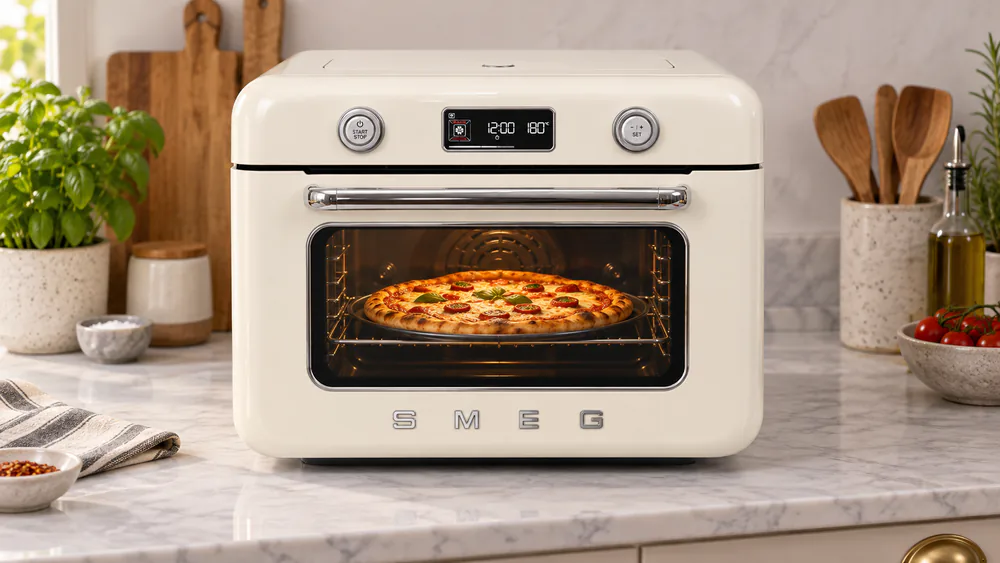 A cream Smeg COF01 combi oven on a counter with the lit viewing window showing an evenly browned pizza