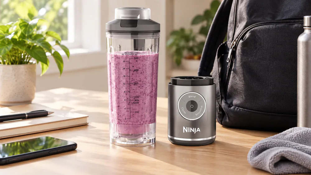 Ninja Blast Max portable blender with its 22-ounce vessel detached from the rechargeable base.