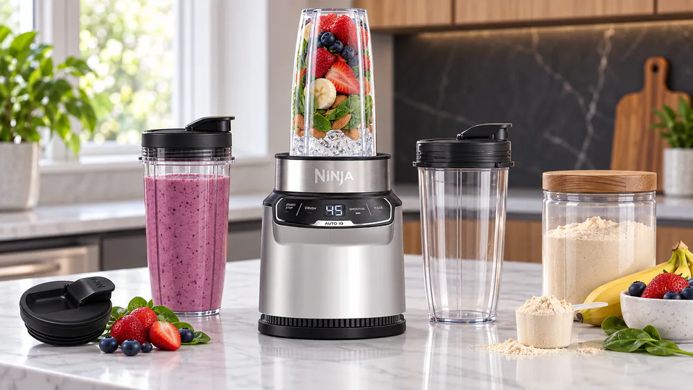 Ninja BN401 Nutri-Blender Pro with two 24-ounce cups with spout lids.