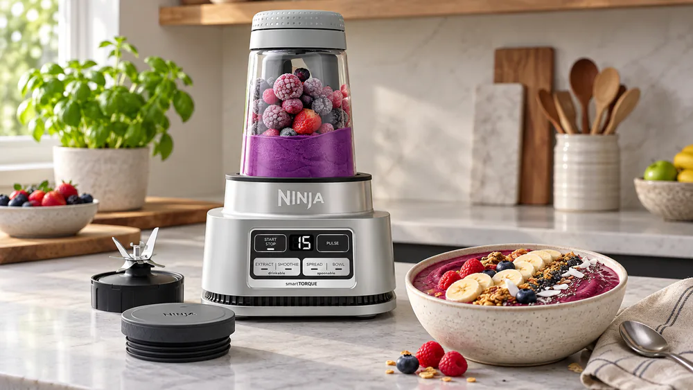 Ninja Foodi Smoothie Bowl Maker with a thick berry smoothie bowl.