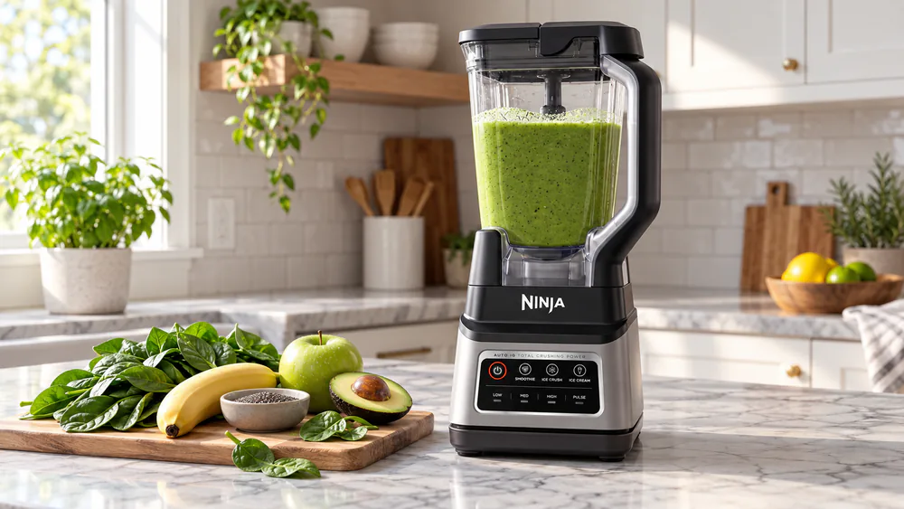 Ninja Professional Plus BN701 with its 72-ounce pitcher filled with a green smoothie.