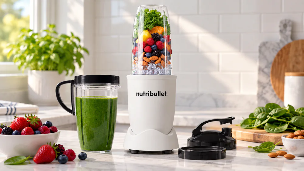 NutriBullet Pro with its 32-ounce cup and flip-top travel lid.