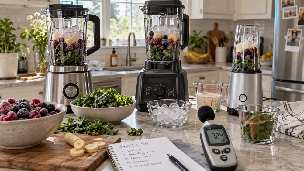 Three smoothie machines on a test counter with frozen fruit, ice cubes, and a decibel meter.