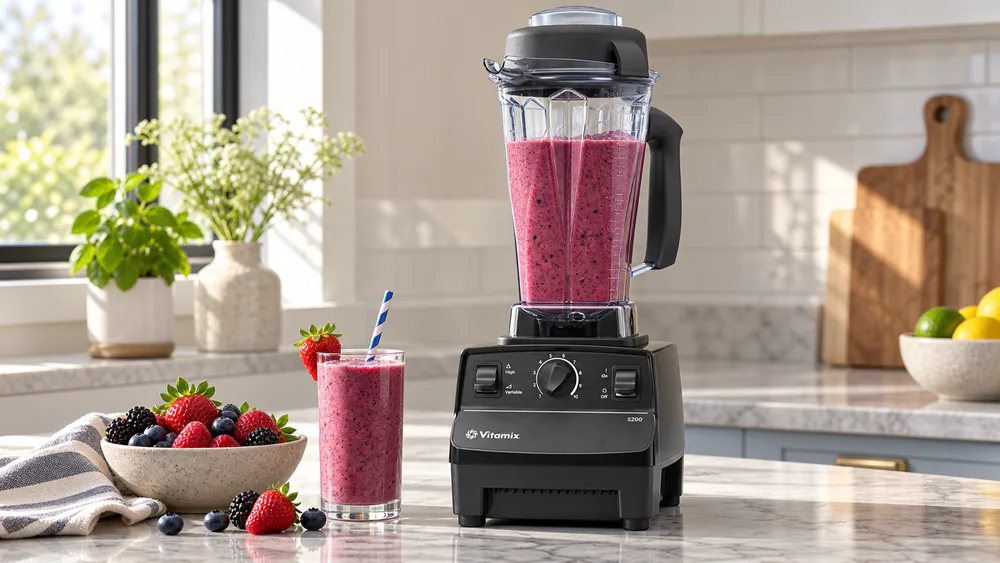 Vitamix 5200 with a berry smoothie in its 64-ounce Tritan container.