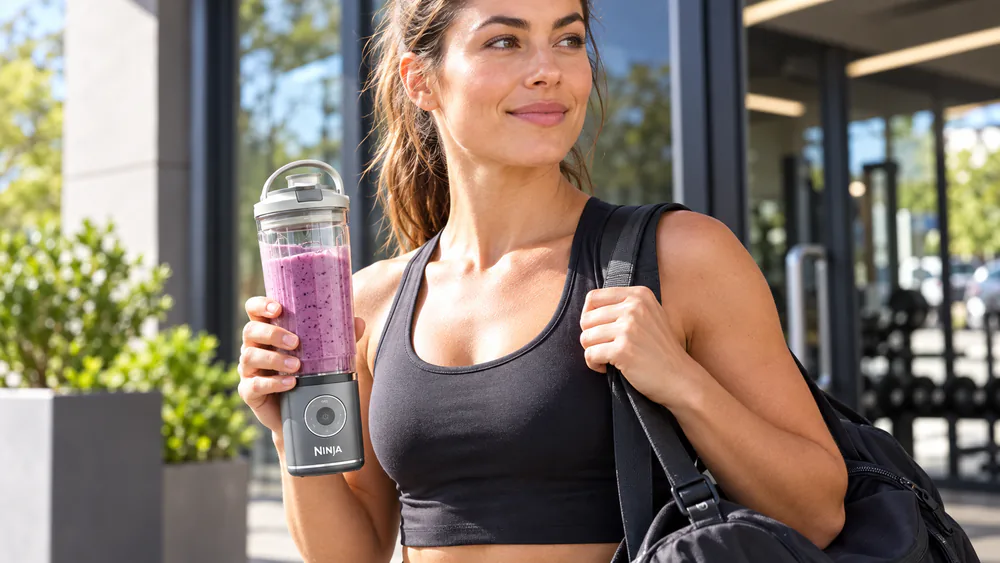 A Ninja Blast BC151 cordless blender held in one hand with a filled smoothie cup and sip lid, ready for the gym.