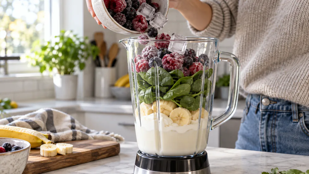 Liquid poured into a blender jar first, then soft fruit and frozen berries on top, our recommended loading order.
