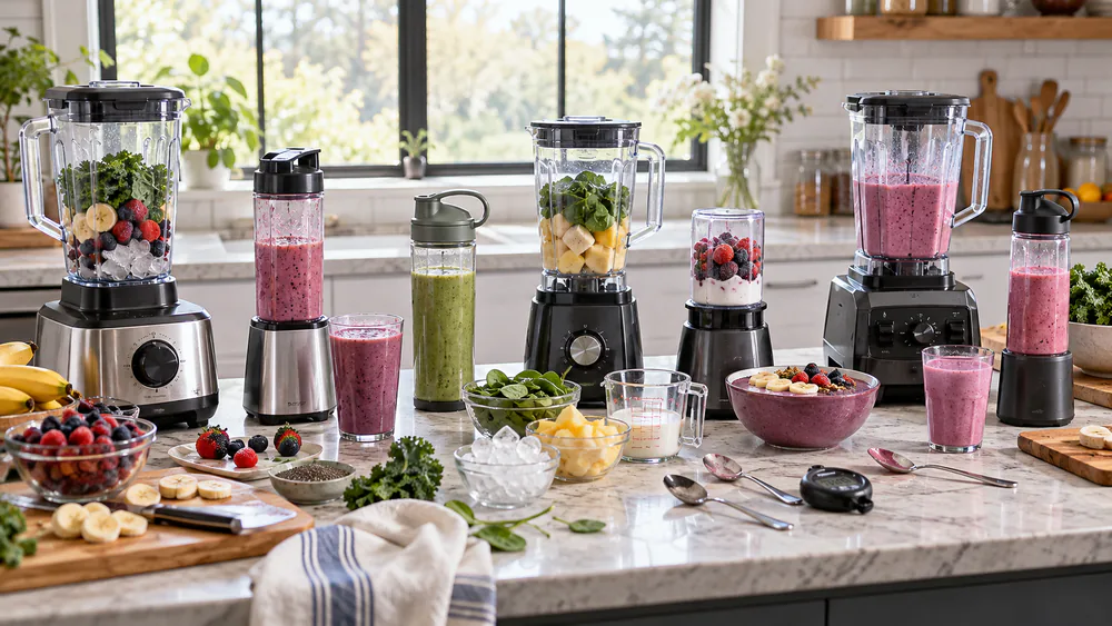 Our test kitchen counter lined with the smoothie makers we tested, jars and cups filled with frozen fruit and greens mid-test.