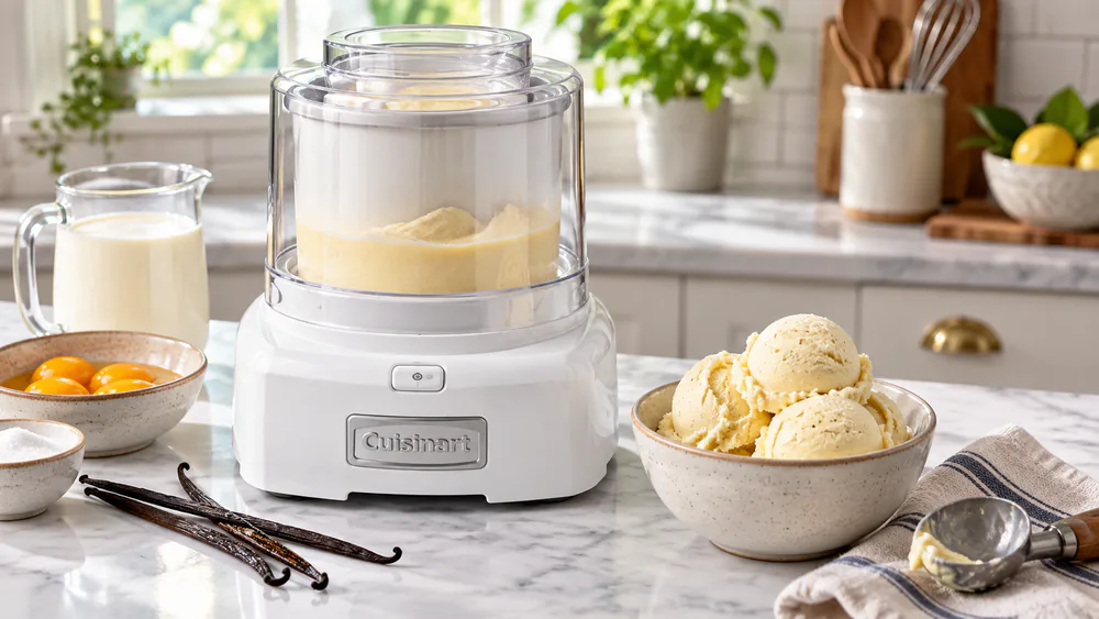 The paddle lifted out of a Cuisinart ICE-21P1 batch of custard vanilla, smooth and scoopable.