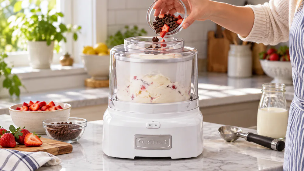The ICE-21P1's easy-lock lid with its large spout open for mid-churn additions.