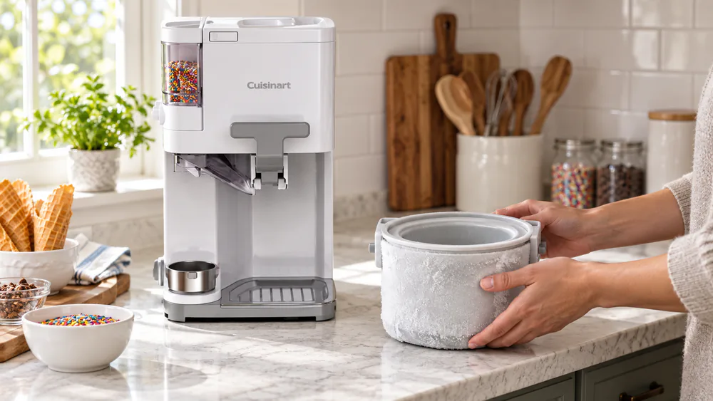 A hand fitting the ICE-48's double-insulated freezer bowl into its base, frost on the rim.