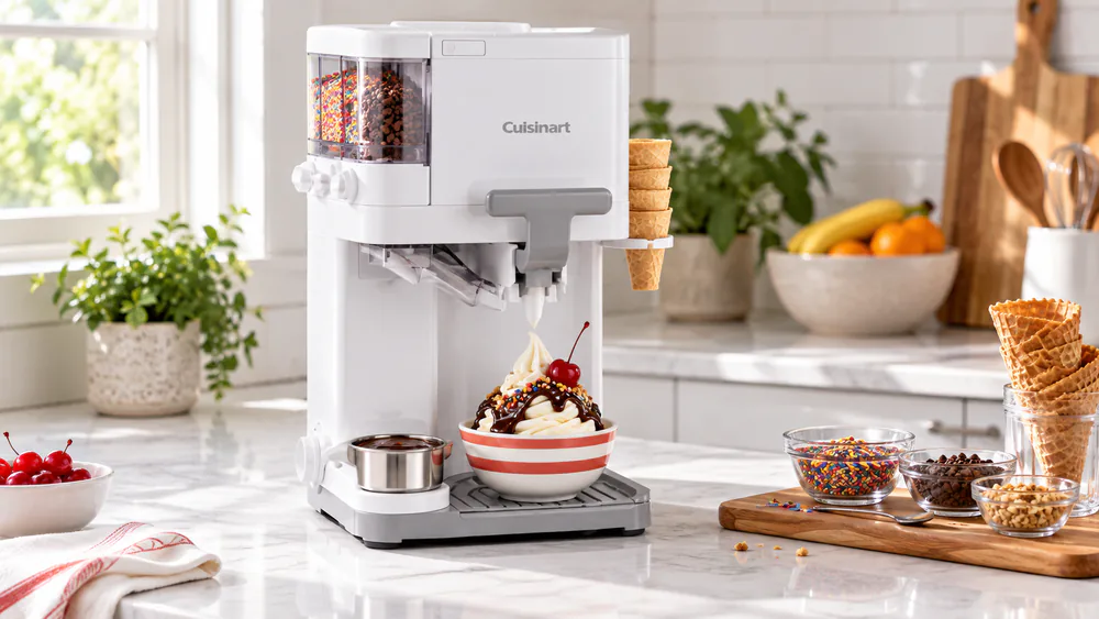 The ICE-48 warm-toppings cup on its heating plate, hot fudge ladled over a swirl.