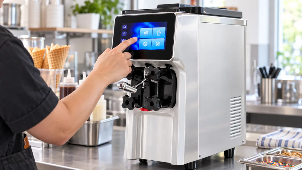 Close-up of the FOHERE 4L LCD touch screen showing serving size and temperature controls.