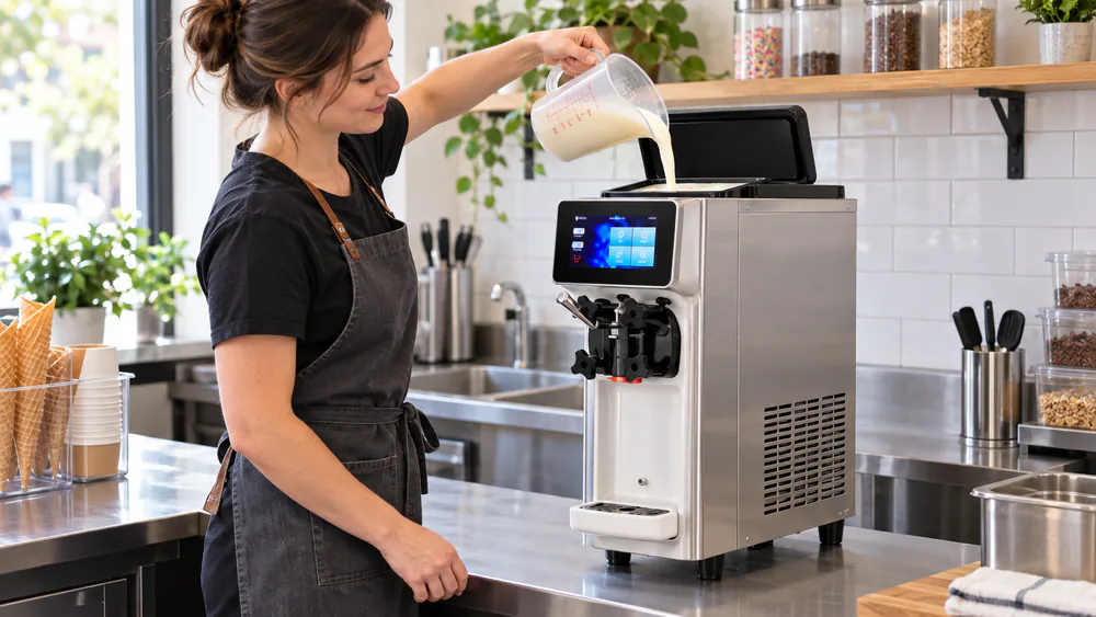 Soft serve mix poured into the FOHERE 4L mix hopper.