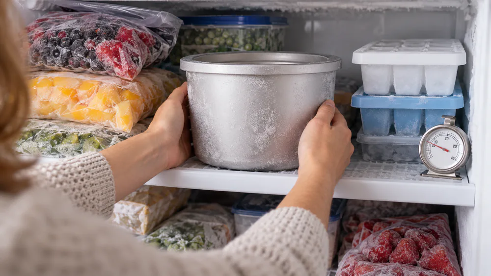 A double-insulated freezer bowl lifted from a freezer, frost on its rim.