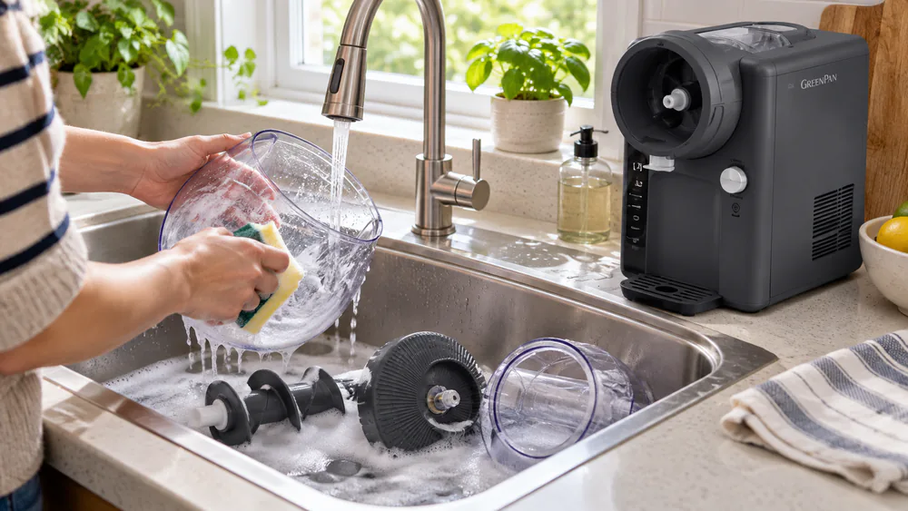 The GreenPan Frost bowl and extrusion head in a kitchen sink after handwashing.