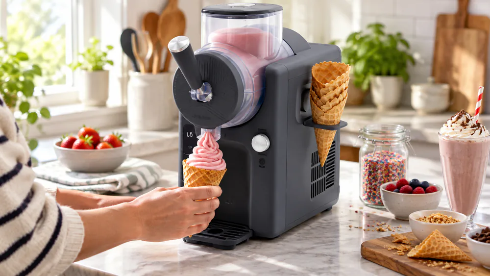 A waffle cone in the GreenPan Frost's side cone holder while a swirl is dispensed.
