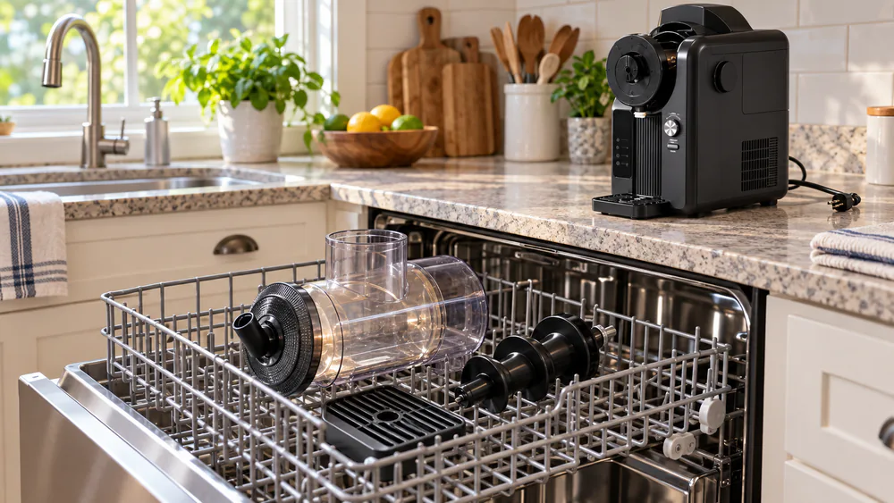 The HiCOZY F3 vessel, auger, and drip tray lined up on a counter for the dishwasher.