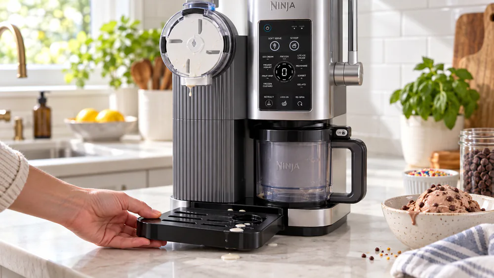 The NC701 pull-out drip tray and a 16 oz canister with a spoon of leftover ice cream in the bottom.