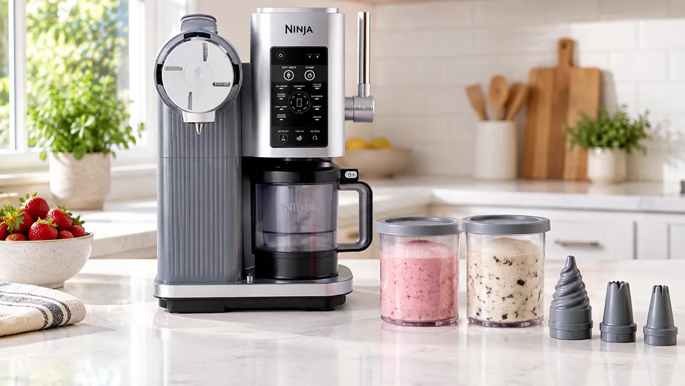 Two NC701 16 oz pints with nozzles and storage lids lined up on a counter.