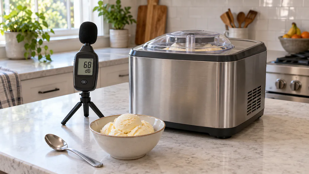 A small digital noise meter on a counter beside a running compressor ice cream machine, reading about 55 dB.