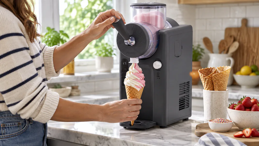 A hand holding a waffle cone as a soft serve machine dispenses a tall spiral of vanilla soft serve from a pull handle and star tip.
