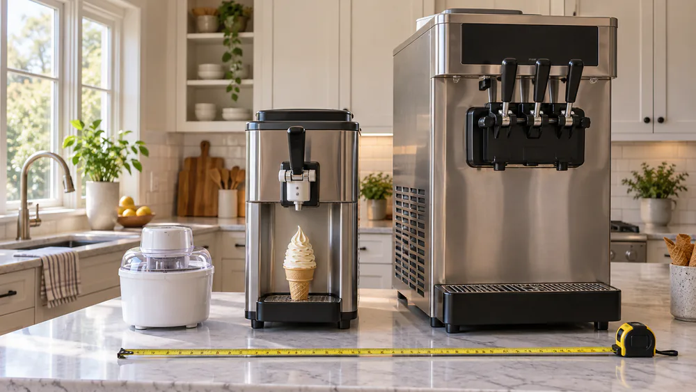 Three soft serve machines of different sizes lined up on a kitchen counter, from a single-serve pint unit to a full-size compressor machine.