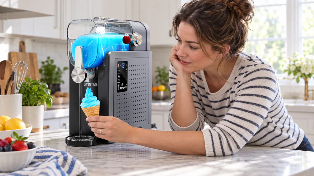 A SYINTAO 2-in-1 running a soft serve cycle, LED showing remaining time, soft serve curling into a bowl.