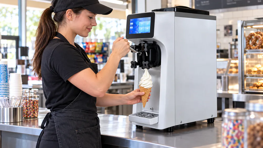 A cone being filled at the VEVOR Commercial dispensing head during an event.