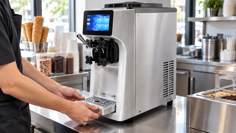 The VEVOR Commercial LCD control panel and removable drip tray on a dedicated table.