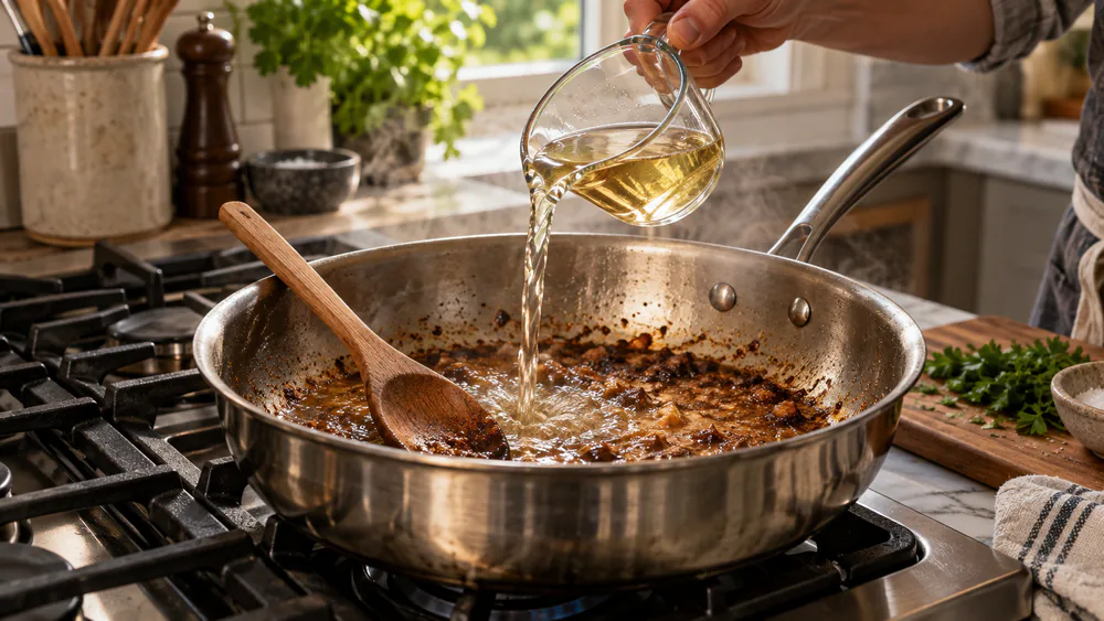 White wine being poured into a hot stainless steel saute pan over browned bits, lifting them into a sauce and cleaning the pan in one move.