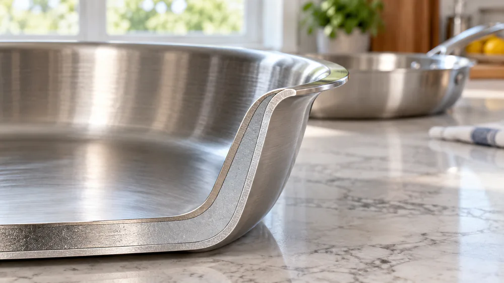 A close-up of the flared rim of a stainless steel pan showing the layered tri-ply construction: two stainless layers around an aluminum core.