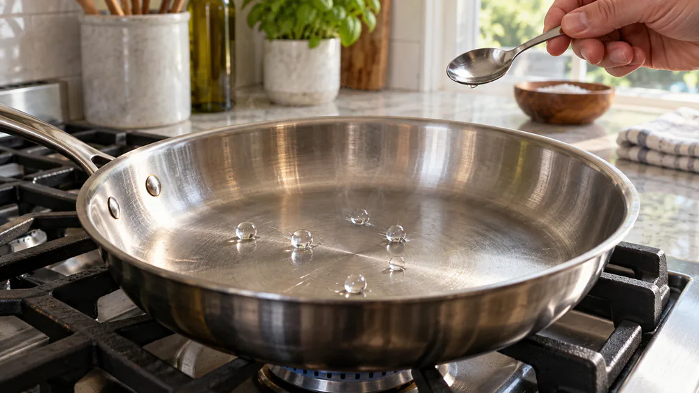 A drop of water beading and skating across the preheated surface of a stainless steel frying pan, the test we used to check preheat and even heating.
