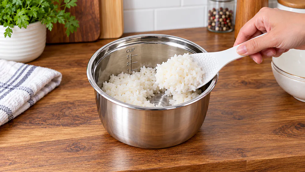 The Aroma ARC-753SG stainless inner pot on a kitchen counter with a rice paddle and cooked white rice inside