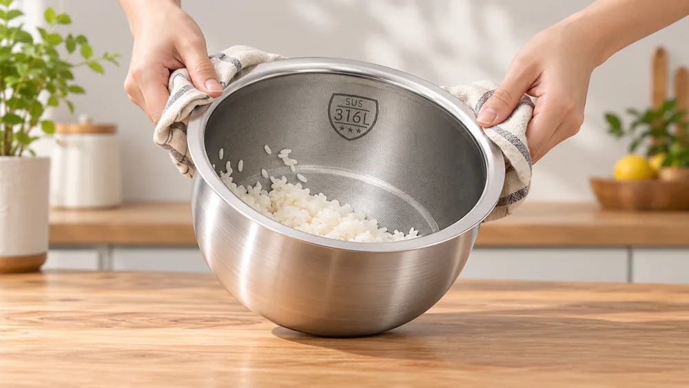 Close-up of the textured interior of the Joydeem DFB-D300 316L stainless pot with a few grains of cooked rice sliding off the surface