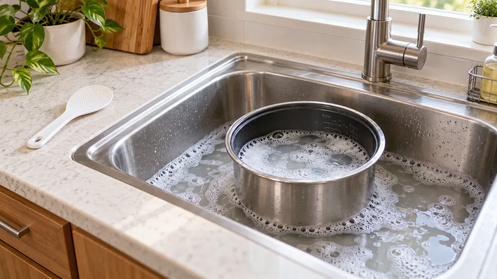 A stainless steel rice cooker inner pot sitting in a kitchen sink filled with warm soapy water, a rice paddle resting on the counter beside it