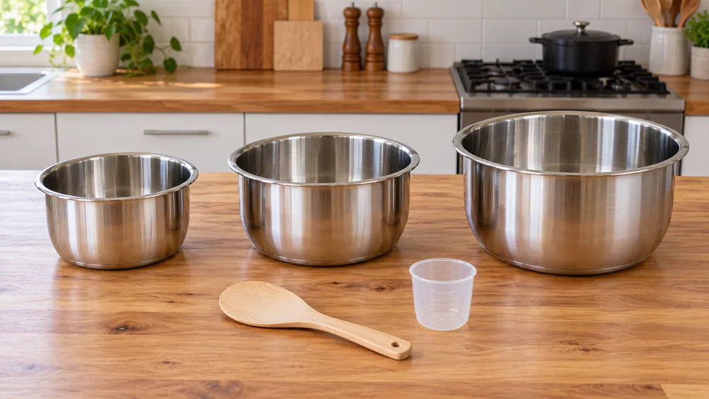 Several stainless steel rice cooker inner pots lined up on a kitchen counter next to a wooden rice paddle and a measuring cup