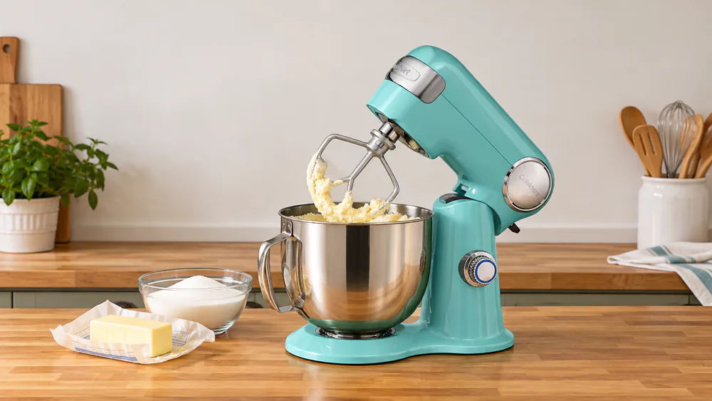 A Cuisinart 5.5-quart stand mixer with its head tilted back and a bowl of creamed butter and sugar inside