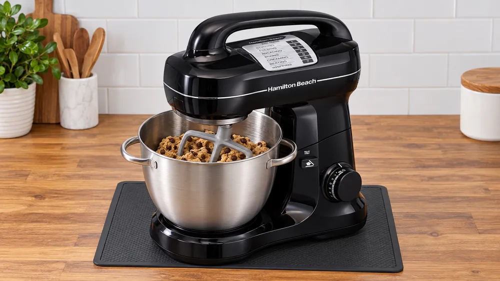 A Hamilton Beach 4-quart stand mixer sitting on a rubber mat on a kitchen counter with a bowl of cookie dough