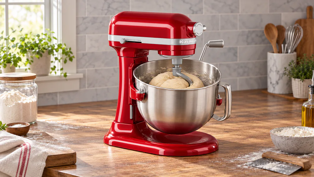 A KitchenAid 7-quart bowl-lift mixer with the bowl raised and a large ball of bread dough wrapped around the spiral dough hook