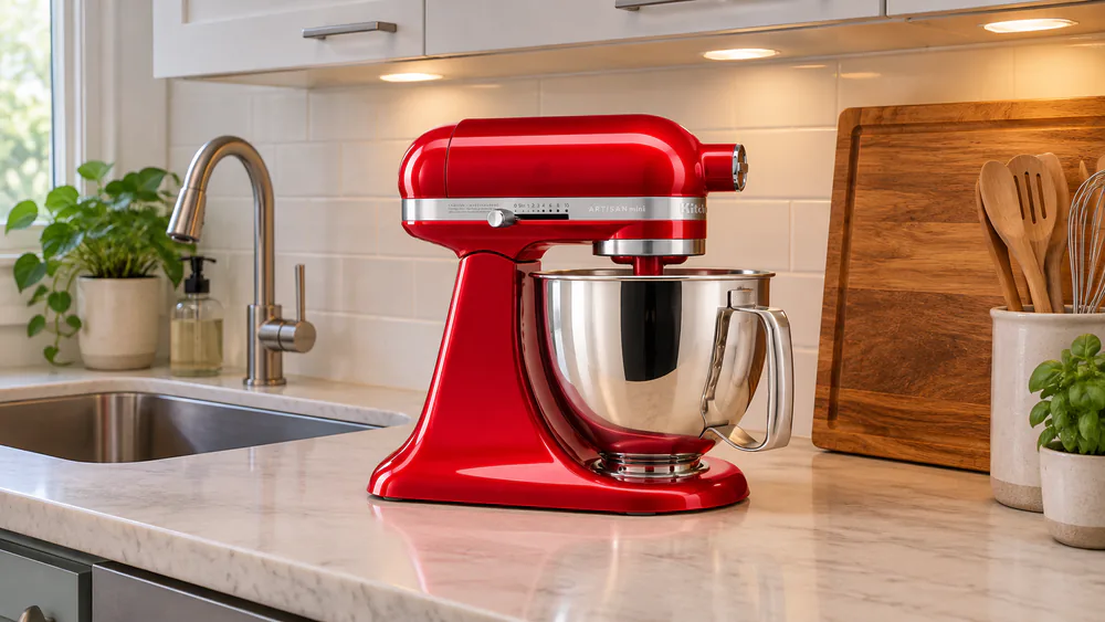 A KitchenAid Artisan Mini 3.5-quart mixer on a narrow apartment kitchen counter beside a cutting board