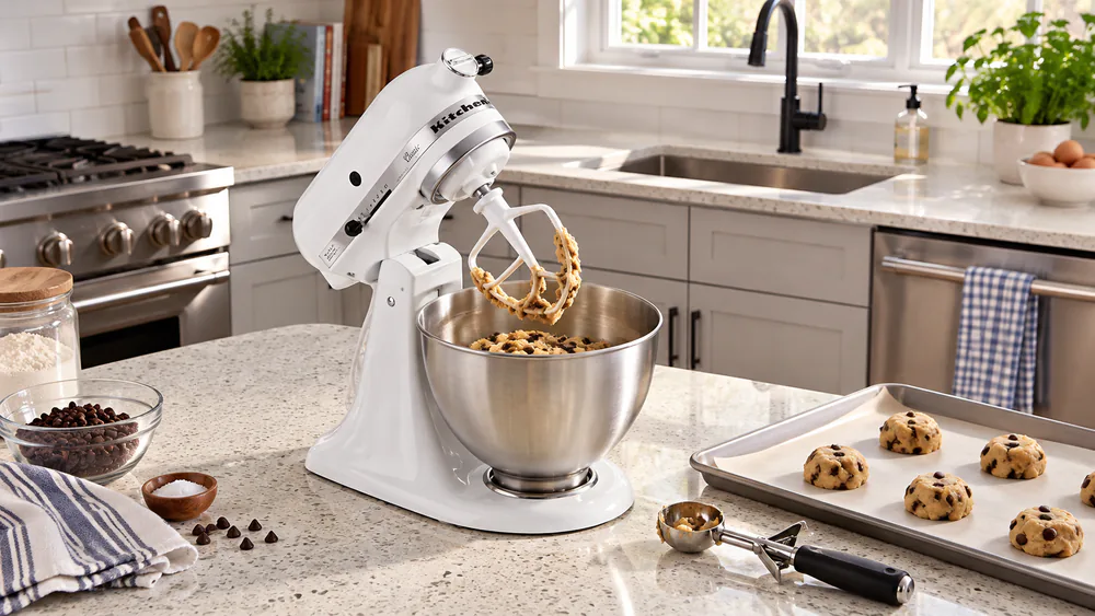 A KitchenAid Classic 4.5-quart mixer with a bowl of chocolate chip cookie dough ready to scoop onto a baking sheet