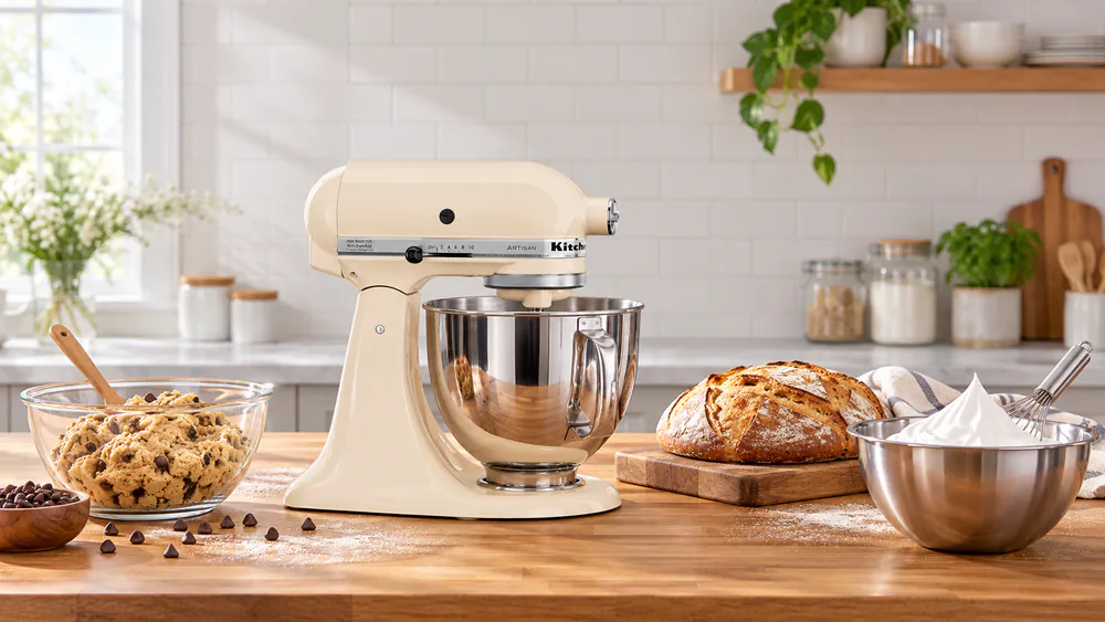A kitchen counter with a stand mixer, a bowl of cookie dough, a loaf of bread, and a whisked bowl of whipped cream at stiff peaks