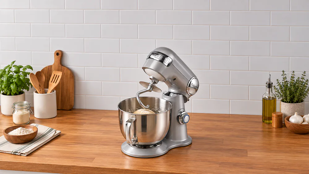 Cuisinart Precision Master with its tilt-back head raised and a small batch of bread dough in the 5.5-quart bowl