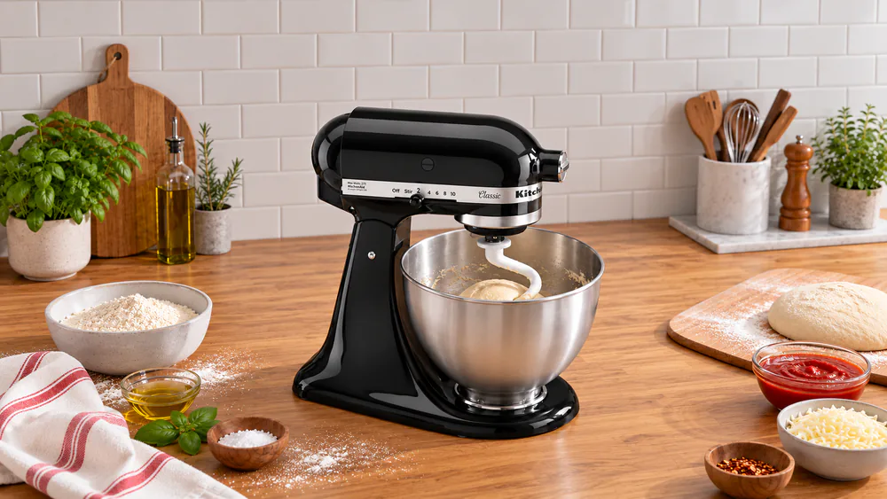 KitchenAid Classic 4.5-Qt tilt-head mixer with a dough hook kneading a single batch of pizza dough