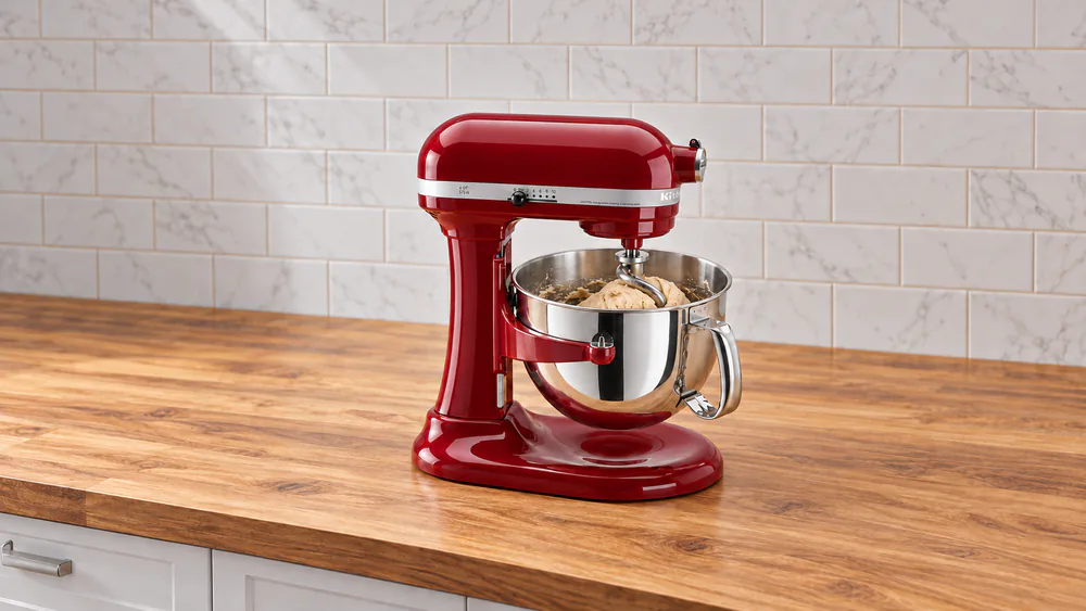 KitchenAid Pro 600 bowl-lift mixer with its bowl raised and a dough hook working a ball of bread dough